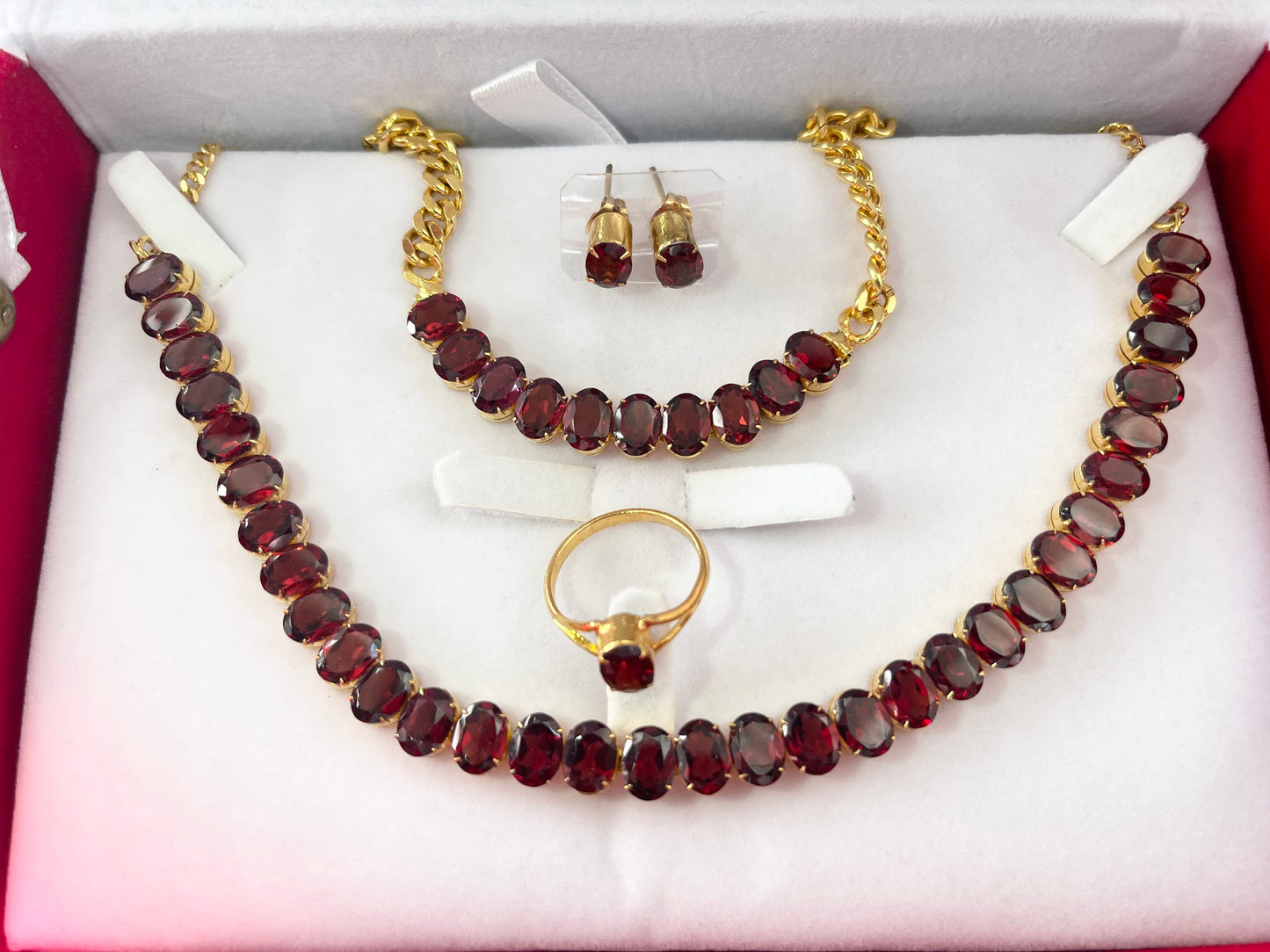 Natural Garnet Necklace, Bracelet, Earring, Ring Set