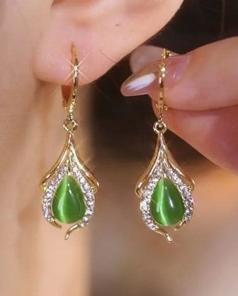 Fashion jewelry- Round Zircon Crystal with green stone,Gold Color Dangle Hoop Earring with travel jewelry case